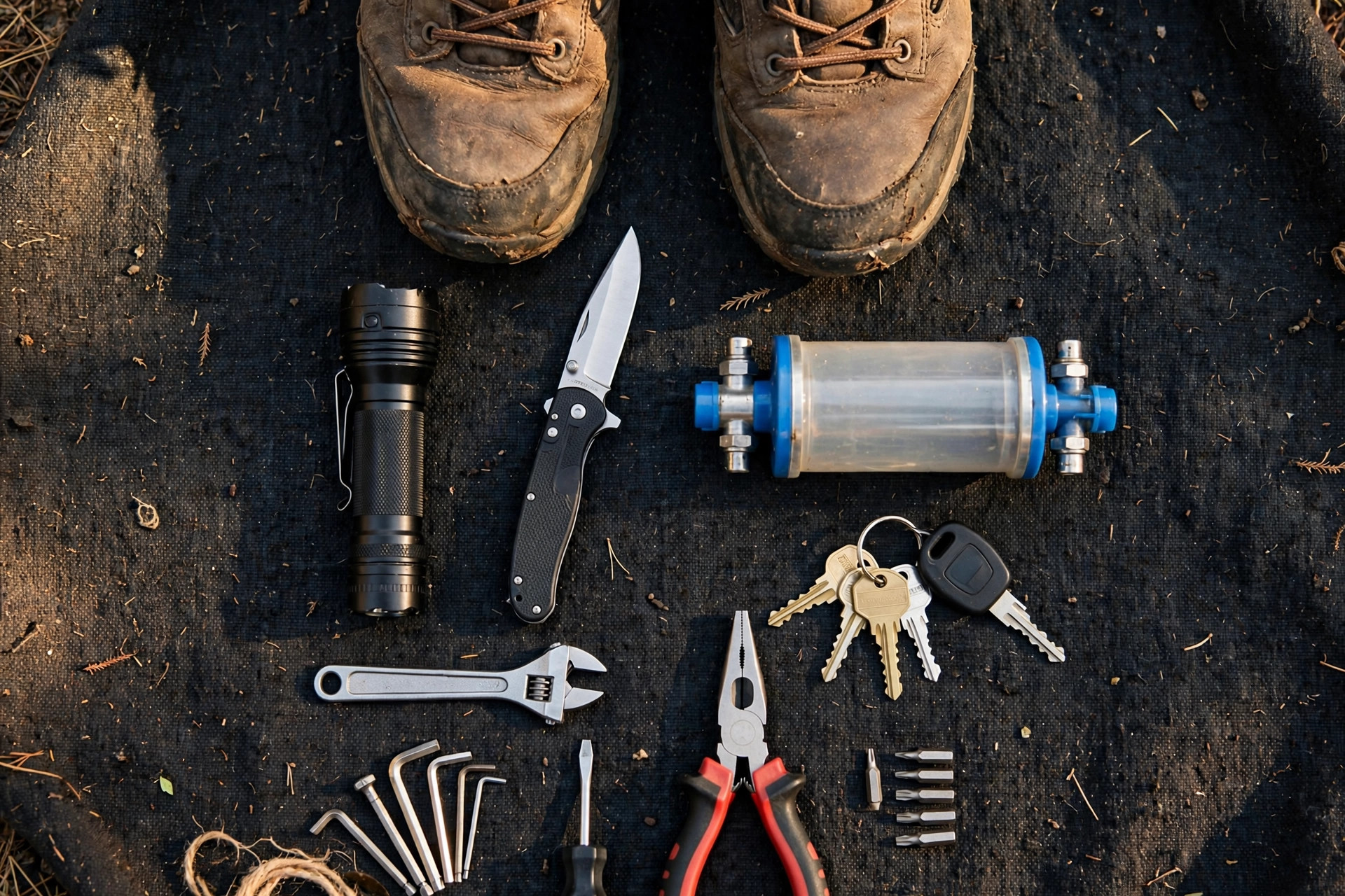 Camp gear laid out: boots, flashlight, tools, and keys