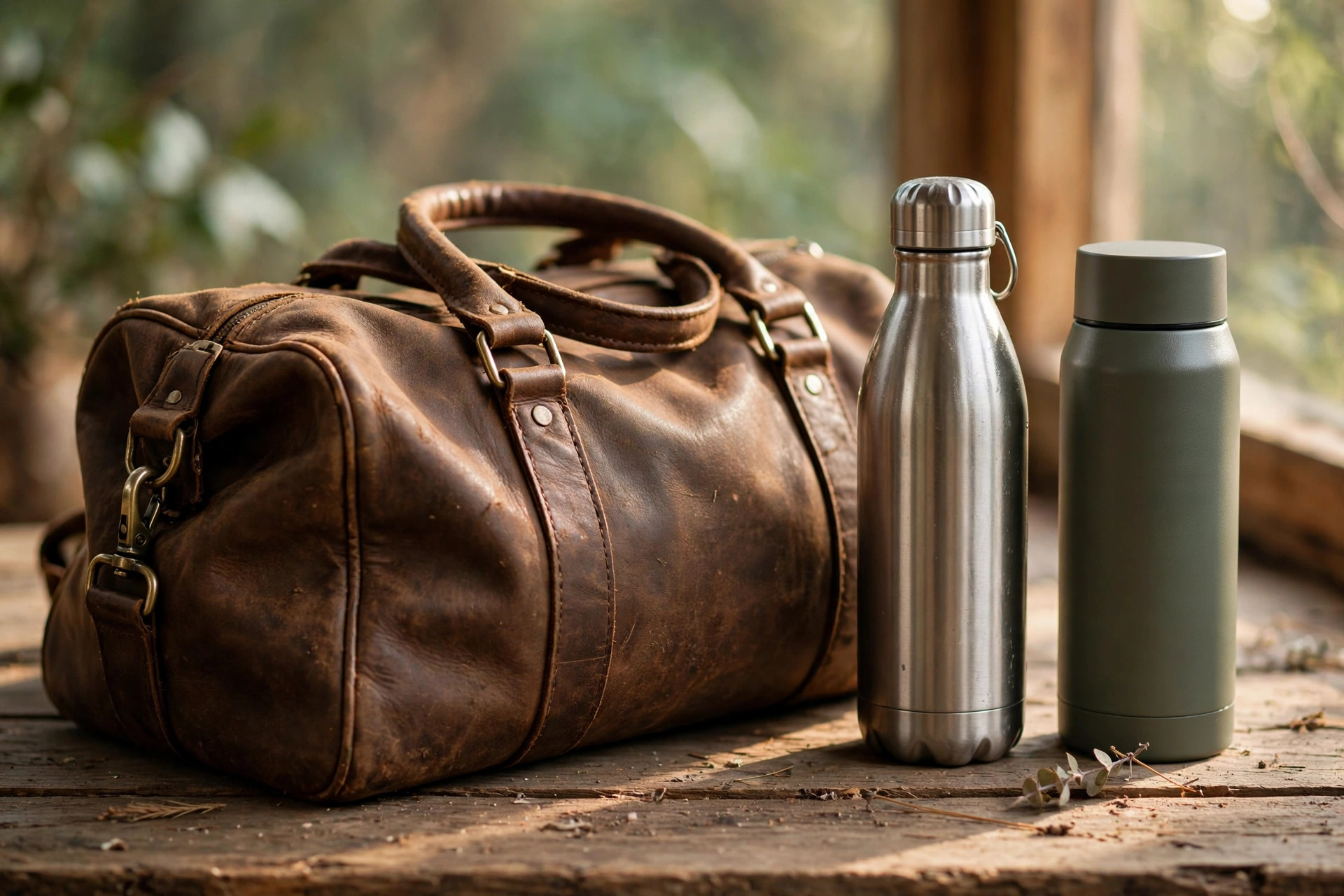 A brown leather go-bag with a water bottle and thermos